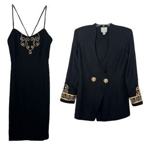 Joseph Ribkoff Vintage 80s Power Glam Dress Blazer Jacket Set Black Gold Size 6